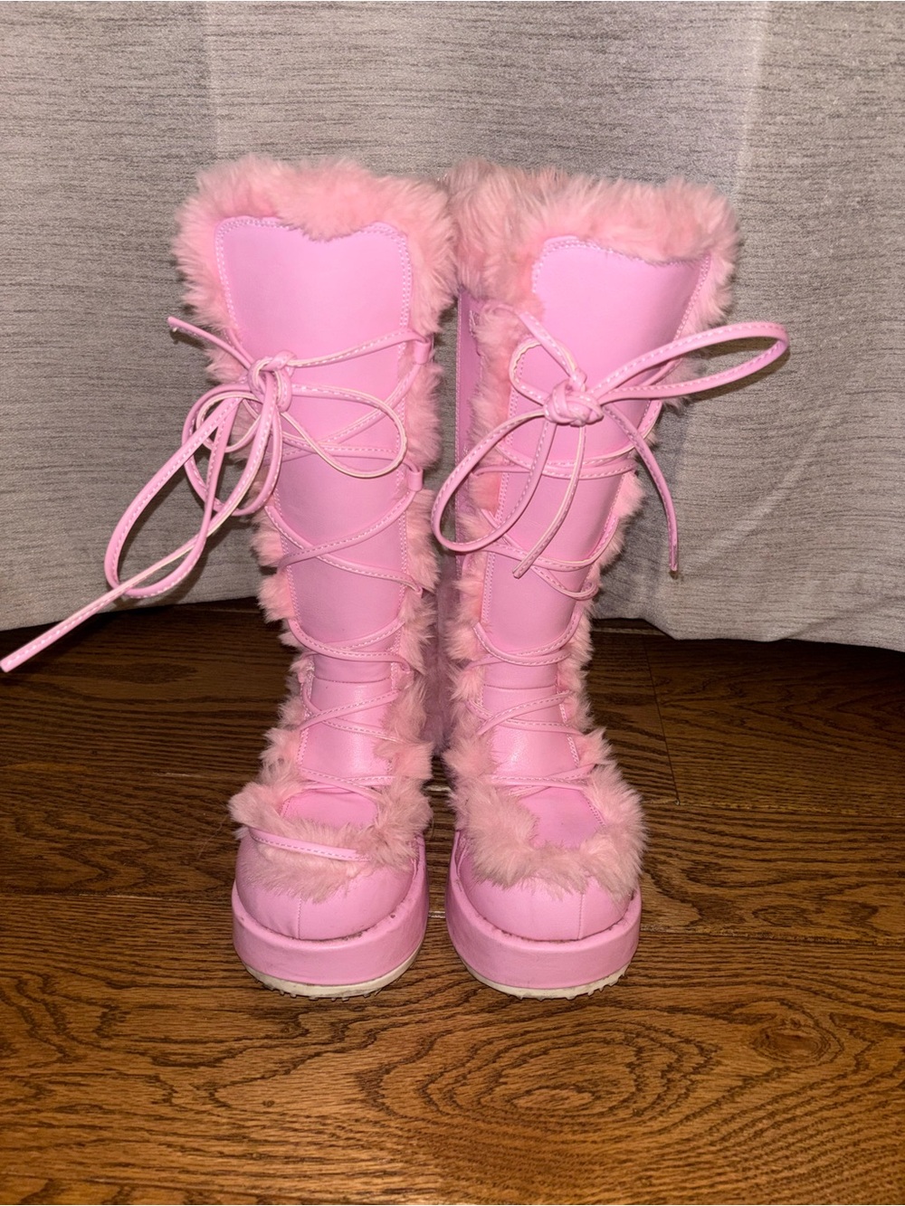 Dolls Kill Pink Faux-Fur Lace-Up Women's Knee Boots